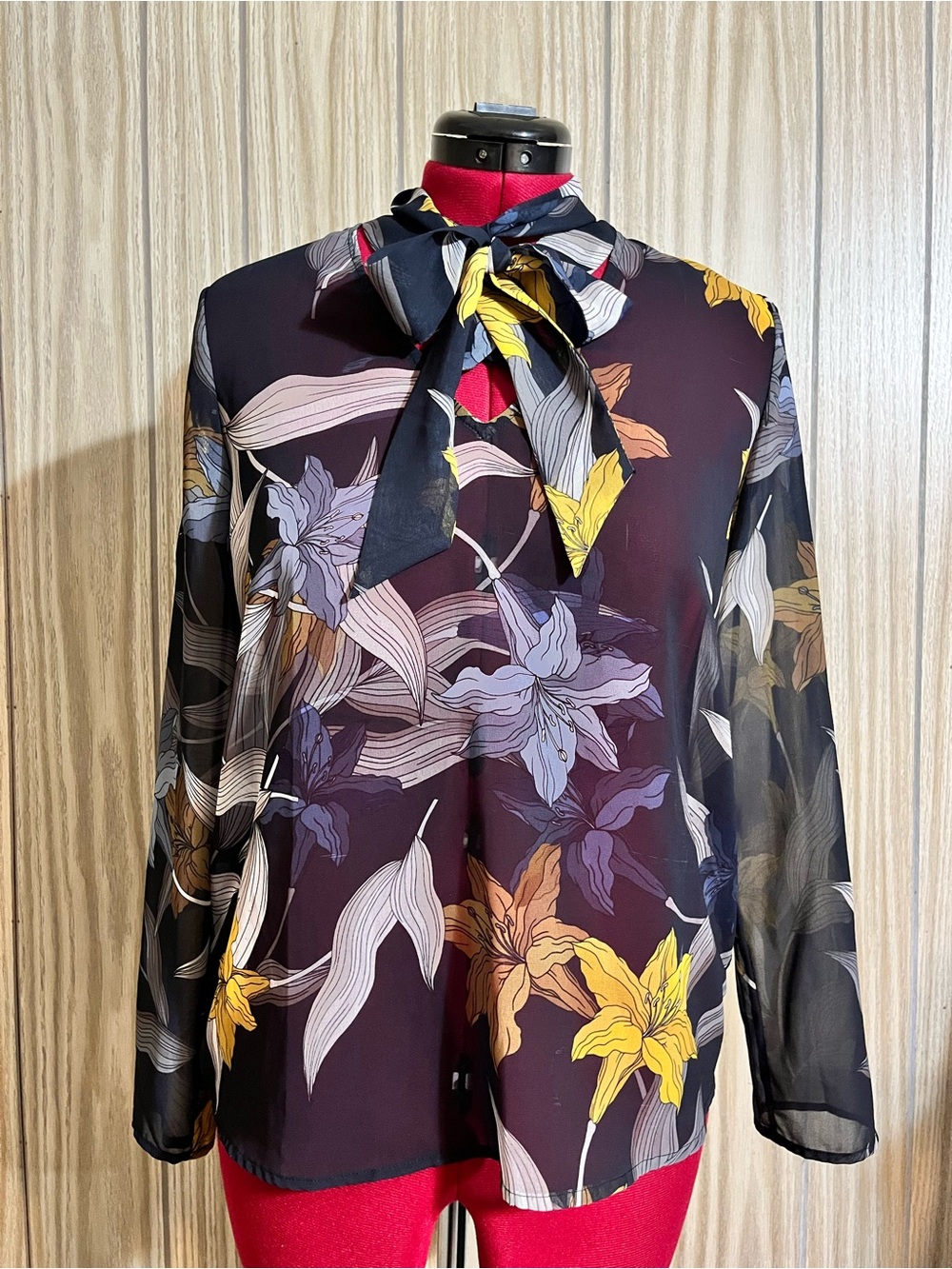 Marciano Los Angeles Floral Sheer Chiffon Blouse Convertible Bow 40